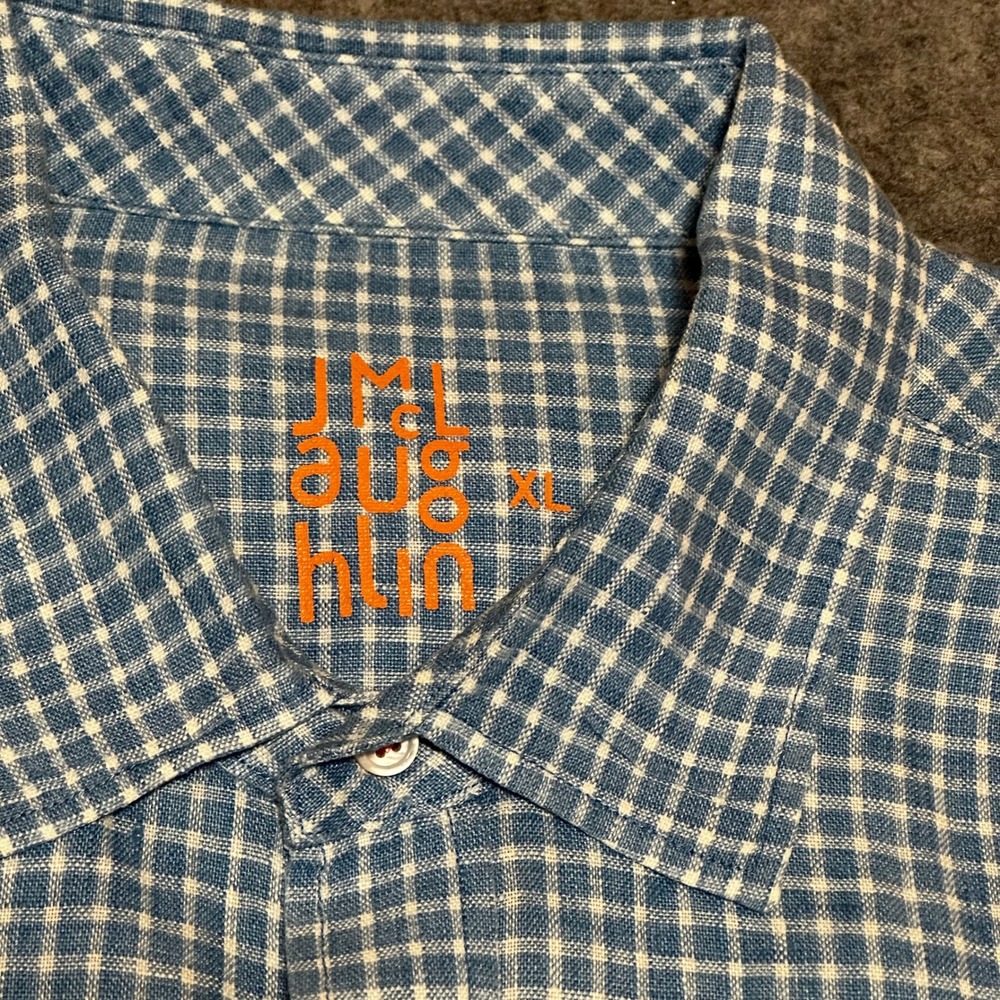 J.McLaughlin Linen Shirt Mens XL Blue Gingham Check Long Sleeve Coastal Resort - Picture 2 of 9